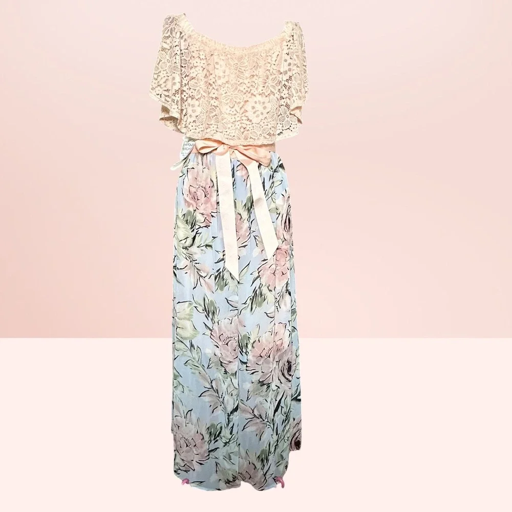 Ellen Weaver Floral Lace Off-Shoulder Maxi Dress Blue Blush Romantic Small NEW